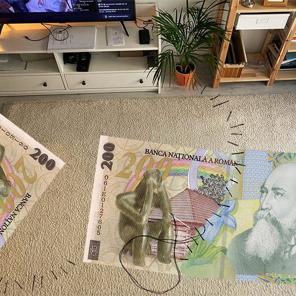 Un covor într-un apartament, peste care am suprapus ilustrația unor bancnote.